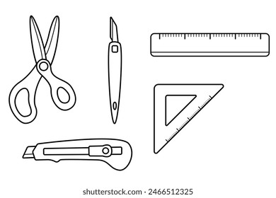 high-quality vector illustration of essential craft tools, including scissors, a ruler, a utility knife, and a triangle. Perfect for design projects, educational materials, and more.