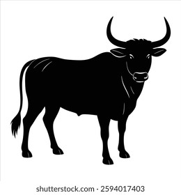 A high-quality vector illustration of an extinct aurochs silhouette, perfect for microstock sites. This minimalist design showcases the powerful, ancient bovine in a clean, bold outline, ideal for log