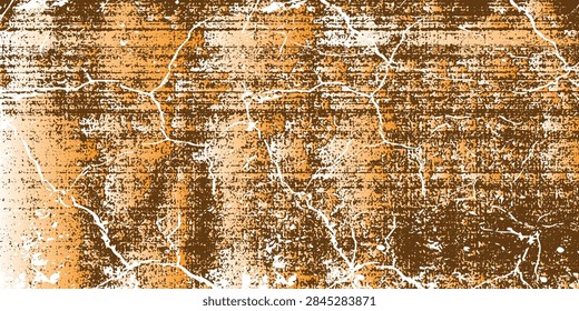 High-quality vector illustration featuring an abstract grunge texture with a cracked marble and rust effect. The design showcases warm orange, brown, and white colors with fine web-like cracks and a distressed, aged surface. Ideal for industrial, vintage, or abstract-themed designs, backgrounds, and overlays.