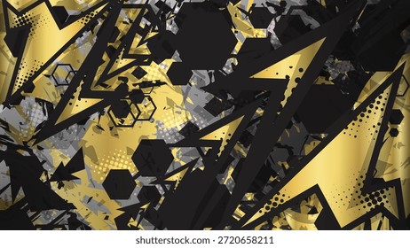 High-quality vector illustration featuring aggressive gold lightning shapes on a black grunge background. Perfect for car wraps, jersey designs, gaming banners, and automotive decals with a premium metallic finish.