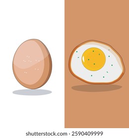 A high-quality vector illustration featuring a brown whole egg and a fried egg with a golden yolk, sprinkled with seasoning. Ideal for food-related designs, breakfast themes, and restaurant branding.