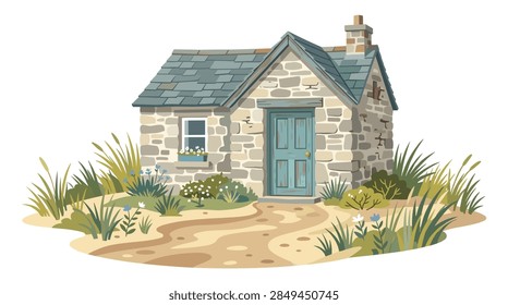 A high-quality vector illustration featuring a charming coastal-style cottage built with natural stone. The house includes a traditional chimney, multi-pane windows, and a classic sloped roof. The surrounding environment suggests a peaceful maritime or seaside village atmosphere with subtle greenery and a well-maintained exterior.