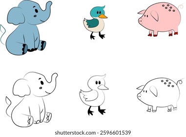 A high-quality vector illustration featuring a diverse collection of animals, including a rat, elephant, cat, snake, pig, spider, rabbit, bird, and fox. Perfect for wildlife illustrations, educational
