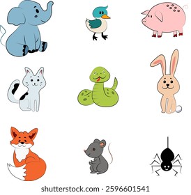 A high-quality vector illustration featuring a diverse collection of animals, including a rat, elephant, cat, snake, pig, spider, rabbit, bird, and fox. Perfect for wildlife illustrations, educational