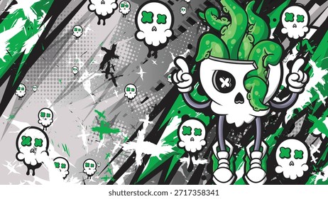 Ilustración vectorial de alta calidad con un carácter de calavera vanguardista con tentáculos de color verde neón en un estilo de graffiti urbano vibrante. Perfecto para ropa de calle y carteles.
