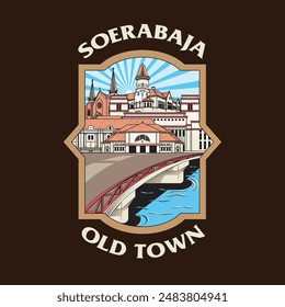 Ilustración vectorial de la zona del casco antiguo de la ciudad de Surabaya o Soerabaja en el antiguo idioma indonesio, 