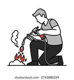 A high-quality vector illustration featuring a man kneeling while using a professional propane torch to clear weeds. Minimalist iconographic style with bold outlines and vibrant flame accents.