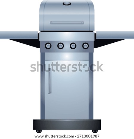 A high-quality vector illustration featuring a modern stainless-steel gas grill designed for outdoor cooking and backyard barbecue gatherings. The sleek appliance includes multiple powerful burners and ergonomic control knobs that allow precise heat adjustment, making it ideal for grilling vegetables, steaks, burgers, seafood, and other delicious meals. The polished metal surface reflects a contemporary kitchen aesthetic while maintaining durability for long-term use in patios, gardens, terraces, or picnic areas. This professional cooking equipment symbolizes convenience, culinary creativity, and social outdoor dining experiences enjoyed during summer celebrations, family get-togethers, holiday cookouts, or weekend gatherings with friends.

The grill design showcases a clean metallic structure, sturdy lid, organized burner layout, and intuitive temperature controls, representing modern food preparation technology. Its realistic construction emphasizes efficient heat distribution, reliable ignition system concepts, and practical usability for beginners or experienced barbecue enthusiasts. The stylish appliance highlights lifestyle themes connected with grilling culture, hospitality, leisure cooking, and outdoor entertainment.

Perfect for projects related to barbecue events, culinary blogs, restaurant promotions, cooking tutorials, kitchen appliance advertisements, food festivals, camping themes, picnic illustrations, summer party invitations, backyard lifestyle visuals, or modern home equipment concepts. The detailed artwork also suits educational materials about grilling methods, hospitality industry presentations, menu graphics, and social media promotions celebrating outdoor dining culture.

This clean and professional illustration provides strong visual appeal for designers, marketers, bloggers, publishers, and advertising agencies seeking a versatile graphic representing grilling tradition, modern equipment innovation, and enjoyable open-air food preparation experiences.