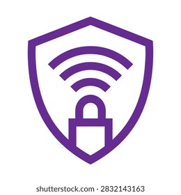A high-quality vector illustration featuring a royal purple double-bordered security shield emblem enclosing Wi-Fi signal arcs with an integrated padlock lock symbol isolated on a white background. Designed in a clean monochromatic purple line-art tech aesthetic representing secure Wi-Fi networks, VPN connection protection, WPA3 wireless encryption, safe public hotspot access, and network firewall security. Ideal for VPN app icons, Wi-Fi security software logos, wireless network protection badges, cybersecurity seals, and IT networking branding.