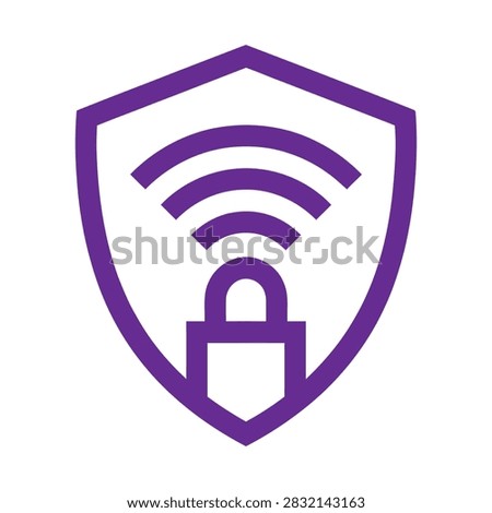 A high-quality vector illustration featuring a royal purple double-bordered security shield emblem enclosing Wi-Fi signal arcs with an integrated padlock lock symbol isolated on a white background. Designed in a clean monochromatic purple line-art tech aesthetic representing secure Wi-Fi networks, VPN connection protection, WPA3 wireless encryption, safe public hotspot access, and network firewall security. Ideal for VPN app icons, Wi-Fi security software logos, wireless network protection badges, cybersecurity seals, and IT networking branding.