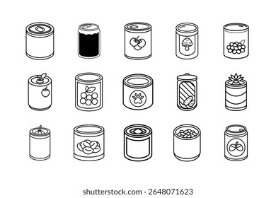 High-quality vector illustration featuring a set of canned food icons on a clean white background. Perfect for food packaging, preservation, storage, supermarket, and nutrition-related projects