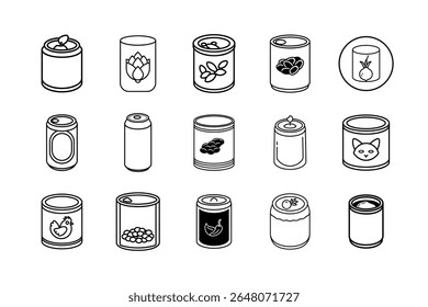 High-quality vector illustration featuring a set of canned food icons on a clean white background. Perfect for food packaging, preservation, storage, supermarket, and nutrition-related projects