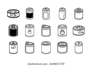 High-quality vector illustration featuring a set of canned food icons on a clean white background. Perfect for food packaging, preservation, storage, supermarket, and nutrition-related projects