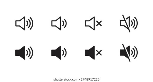 High-quality vector illustration featuring a set of eight speaker and volume control icons, including sound, mute, and loud symbols in a clean, flat design style. Perfect for apps, websites, and multimedia projects requiring scalable, crisp audio interface elements.