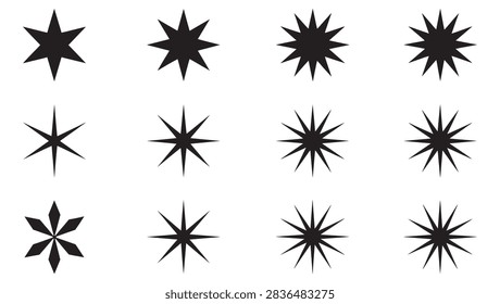 A high-quality vector illustration featuring a set of 12 black starburst and multi-pointed star icons isolated on a white background. Includes a versatile collection of sharp 6-point, 8-point, 12-point, and 14-point stars, fine needle-ray bursts, diamond-petal star shapes, thin sparkle shine symbols, and bold geometric star silhouettes. Ideal for magic spark effects, holiday and Christmas star decorations, night sky graphics, luxury brand sparkles, rating badges, UI UX icons, and modern graphic design assets.