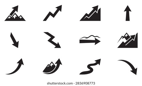 A high-quality vector illustration featuring a set of 12 black mountain peak and path arrow icons isolated on a white background. Includes a versatile collection of upward mountain growth arrows, steep slope climbing pointers, winding mountain road paths, summit achievement indicators, downward trend pointers, zigzag market arrows, and curved arch swooshes. Ideal for business milestone graphics, career growth charts, outdoor adventure branding, financial success infographics, UI UX dashboard symbols, and modern vector design assets
