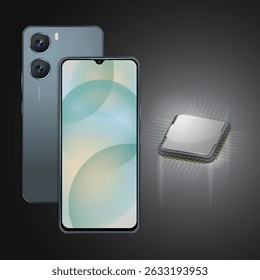 High-quality vector illustration featuring a sleek modern smartphone shown from both front and back angles, accompanied by a high-performance microprocessor chip glowing with futuristic energy.