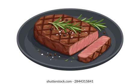 A high-quality vector illustration featuring a thick, juicy grilled beef steak served on a dark circular plate. The meat shows distinct diagonal grill marks and is accompanied by fresh green rosemary sprigs, scattered black peppercorns, and white sea salt flakes. One slice has been cut from the side to reveal a pink, medium-rare center. The image is presented in a clean isometric perspective on a white background.