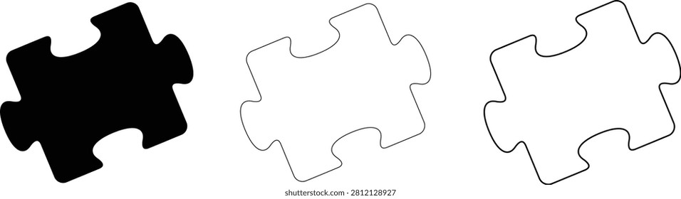 A high-quality vector illustration featuring three distinct jigsaw puzzle piece styles including one solid black silhouette and two outlined versions. This versatile set is perfect for web design educational materials or conceptual projects regarding problem-solving and strategy.