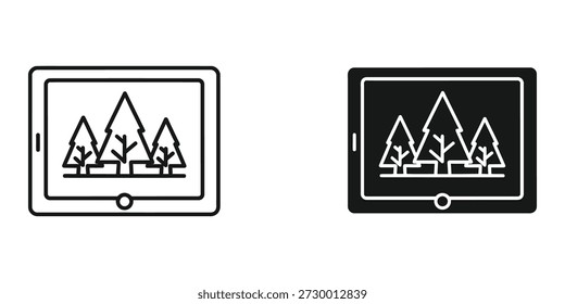 Hochwertige Vektorgrafik mit zwei Tafeln, die eine malerische Berglandschaft zeigen. Ideal für digitale Medien und Printmedien, die Technologie und Natur in einer harmonischen Mischung präsentieren.