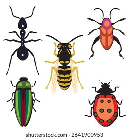 High-quality vector illustration featuring various insects including a bee, ant, ladybug, and colorful beetles. This vibrant and stylized bug set is ideal for educational materials, children's books,