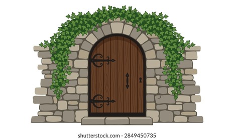 High-quality vector illustration featuring a weathered rustic wooden door. The design includes vertical dark brown planks with natural wood grain patterns, vintage-style black wrought iron hinges, and a round door handle. The aesthetic is farmhouse, medieval, or cottage-style, perfect for architectural and design projects.