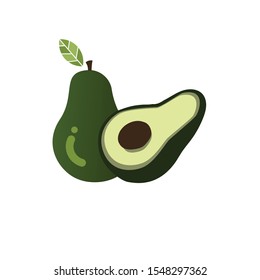 A high-quality vector illustration featuring a whole green avocado with a small leaf and a sliced half showing the brown pit or seed. This clean and modern design is ideal for healthy lifestyle branding, organic food packaging, vegan recipes, and nutritional content. Represents freshness, superfoods, and organic nutrition.
