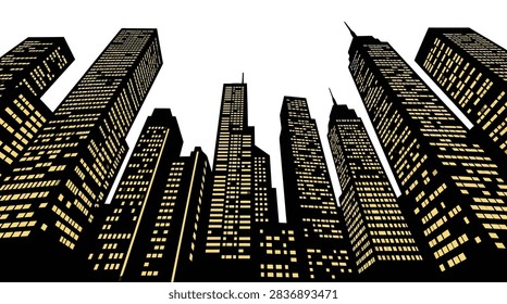 A high-quality vector illustration featuring a worms-eye perspective of multiple modern glass skyscrapers. The buildings reflect a clear sky, symbolizing growth, business, and urban development in a metropolitan downtown area.