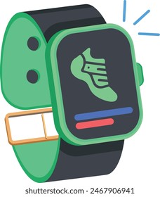 A high-quality vector illustration of a Fitness Tracker smartwatch with a colorful shoe icon on the screen, representing a fitness tracker app.