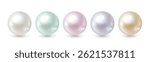 High-quality vector illustration of five lustrous pearls in soft white, mint, pink, lavender, and champagne tones. Perfect for luxury design, jewelry branding, and elegant product presentation