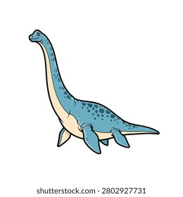 A high-quality vector illustration of a friendly blue plesiosaur with a long neck and flippers. The aquatic dinosaur is depicted in a side profile with dark blue spots on its back and a cream-colored underbelly, set against a clean white background.