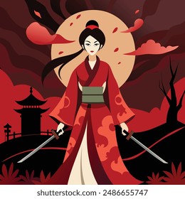 High-quality vector illustration of a Geisha Ninja Warrior, featuring a graceful woman in a traditional kimono with ninja elements, wielding a katana.