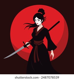 High-quality vector illustration of a Geisha Ninja Warrior, featuring a graceful woman in a traditional kimono with ninja elements, wielding a katana.