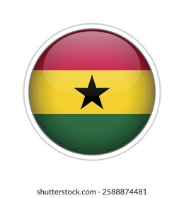 A high-quality vector illustration of a glossy sphere featuring the national flag of Ghana. 