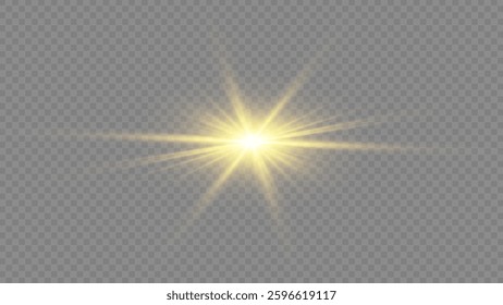 High-quality vector illustration of a glowing golden light burst with a radiant lens flare effect. Ideal for decorative, festive, and energy-related designs