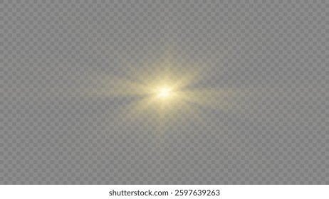 High-quality vector illustration of a glowing golden light burst with a radiant lens flare effect. Ideal for decorative, festive, and energy-related designs