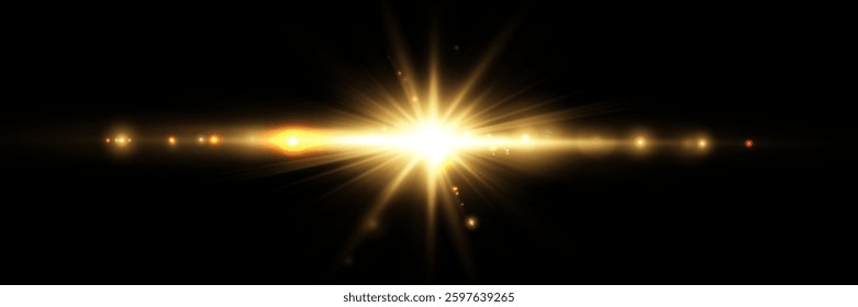 High-quality vector illustration of a glowing golden light burst with a radiant lens flare effect. Ideal for decorative, festive, and energy-related designs