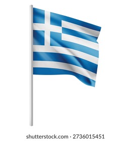 High-quality vector illustration of the Greece national flag waving on a flagpole, isolated on a clean background. Realistic fabric texture with blue and white stripes and cross symbol representing Greek heritage, identity, and European culture. Ideal for travel, geography, education, international events, political themes, and cultural presentations. Fully editable vector format for print, web, branding, and creative design projects.