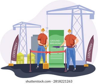 High-quality vector illustration of a groundbreaking ribbon cutting construction opening ceremony celebration. Perfect for real estate projects, commercial developments, corporate inaugurations, infrastructure launches, promotional campaigns, and business marketing materials.
