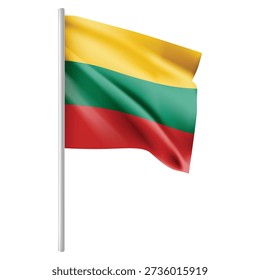 High-quality vector illustration of the Lithuania national flag waving on a flagpole, isolated on a clean background. Realistic fabric texture with yellow, green, and red horizontal tricolor representing Lithuanian identity, history, and Baltic European heritage. Ideal for travel, geography, education, international events, political themes, and cultural presentations. Fully editable vector format for print, web, branding, and creative design projects.