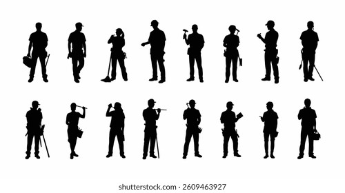 High-quality vector illustration of male and female construction worker silhouettes in various poses with tools like drills, hammers, toolboxes, and pipes. Perfect for design projects, signage, poster