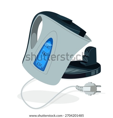 High-quality vector illustration of a modern electric kettle with a digital water level display, sleek design, and power base, perfect for commercial projects