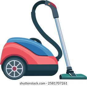 A high-quality vector illustration of a modern vacuum cleaner with a sleek design. The appliance features a red and blue color scheme, large wheels, a flexible hose, and a metal extension tube.