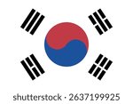High-quality vector illustration of the national flag of South Korea (Taegukgi). Features the red and blue Taeguk symbol in the center and four black trigrams in each corner on a white background. Ide