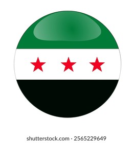 A high-quality vector illustration of the new Syrian flag presented in a circular, glossy button