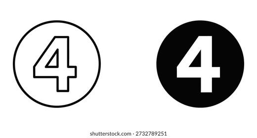 Ilustración vectorial de alta calidad del número 4 presentada en dos estilos distintos. Un estilo presenta un número 4 blanco sobre un fondo de círculo negro, mientras que el otro muestra un número 4 negro sobre un fondo de círculo blanco. Ideal para proyectos de diseño, branding y arte digital.