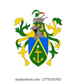 A high-quality vector illustration of the official coat of arms of the Pitcairn Islands. Featuring a shield with an anchor and Bible, topped by a knight helmet and a flowering miro plant.