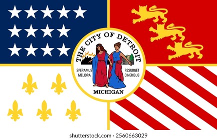 High-quality vector illustration of the official flag of Detroit, Michigan. Ideal for civic designs, presentations, and cultural projects, highlighting Detroit's rich heritage