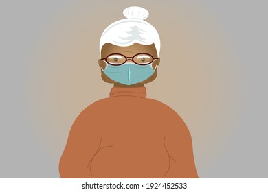 A high-quality vector illustration of an old woman wearing a health and medical mask during covid-19, corona virus pandemic. Stock illustration, EPS 10.
