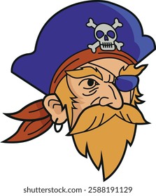 High-quality vector illustration of a pirate skull head wearing a tricorn hat with crossbones. Perfect for logo design, gaming, tattoo art, stickers, posters, and merchandise. Scalable and editable, a